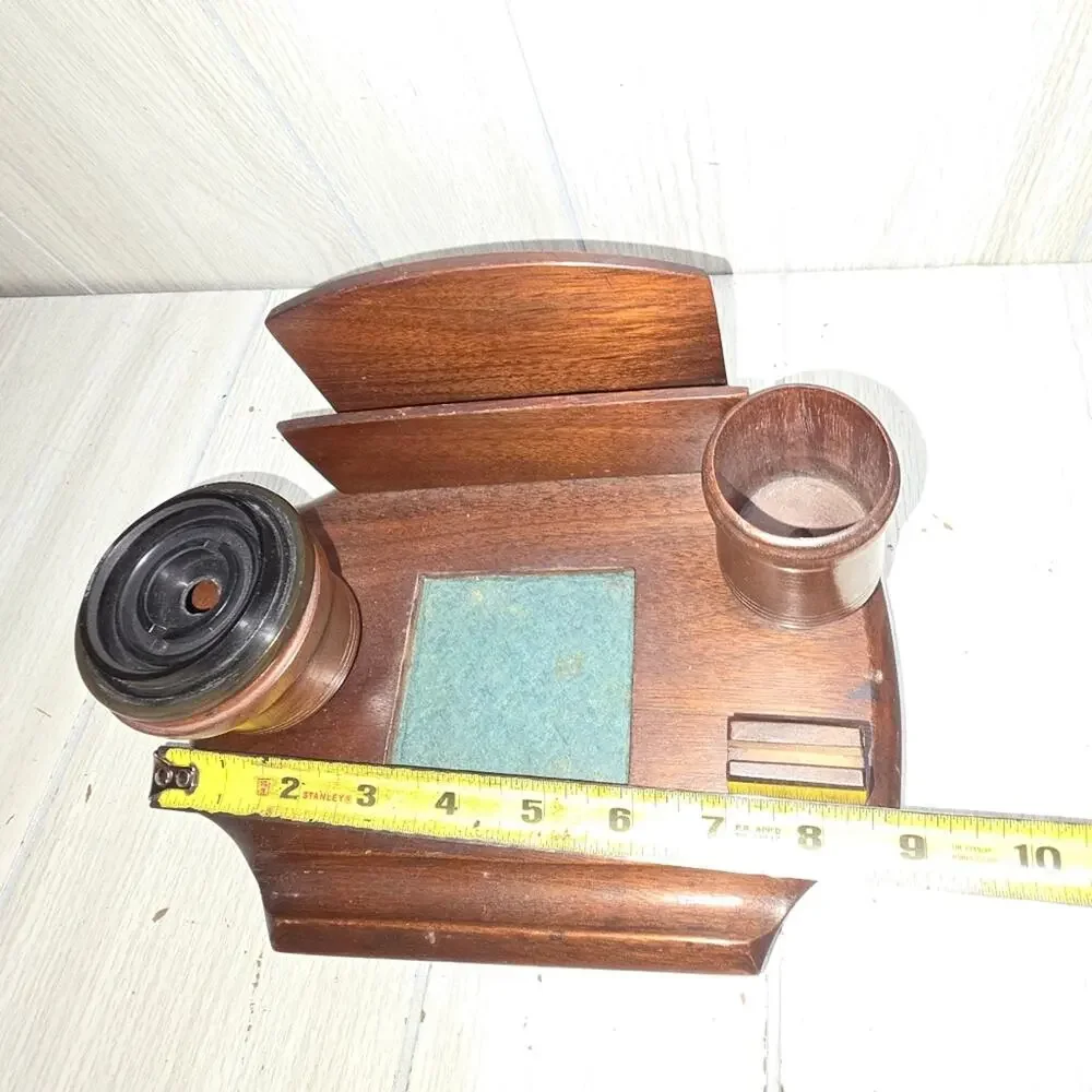 Vtg Antiqe 1920s? French Wooden French Desk Tidy Organizer Lided Ink Well Pen